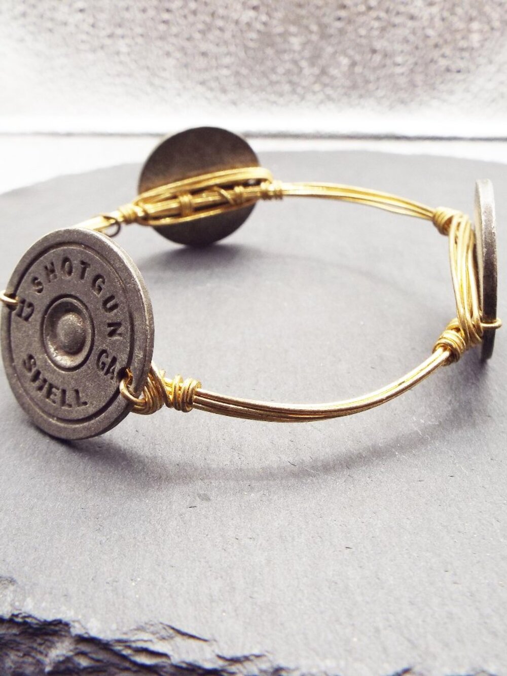 BOURBON & BOWETIES ACTUAL SHOTGUN SHELL CAPS BRASS WIRED BANGLE BRACELET M